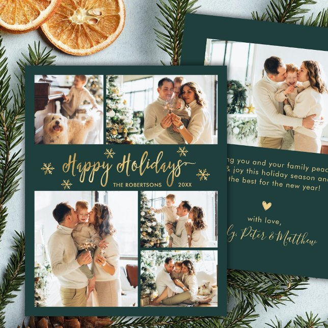 Budget Snowflake Green Gold 5 Photo Collage Card (Skapare uppladdad)