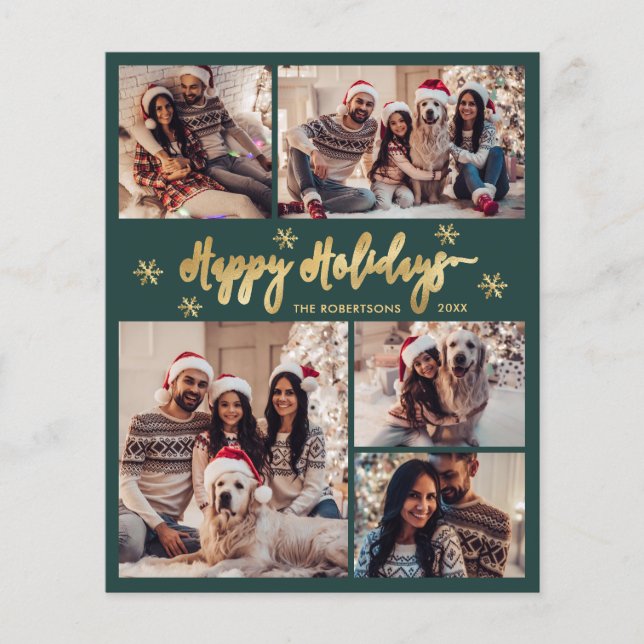 Budget Snowflake Green Gold 5 Photo Collage Card (Framsida)