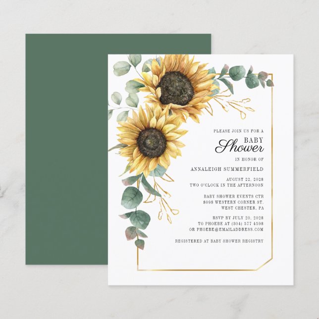 Budget Solros Blommig Baby Shower Inbjudan (Fram/baksida)