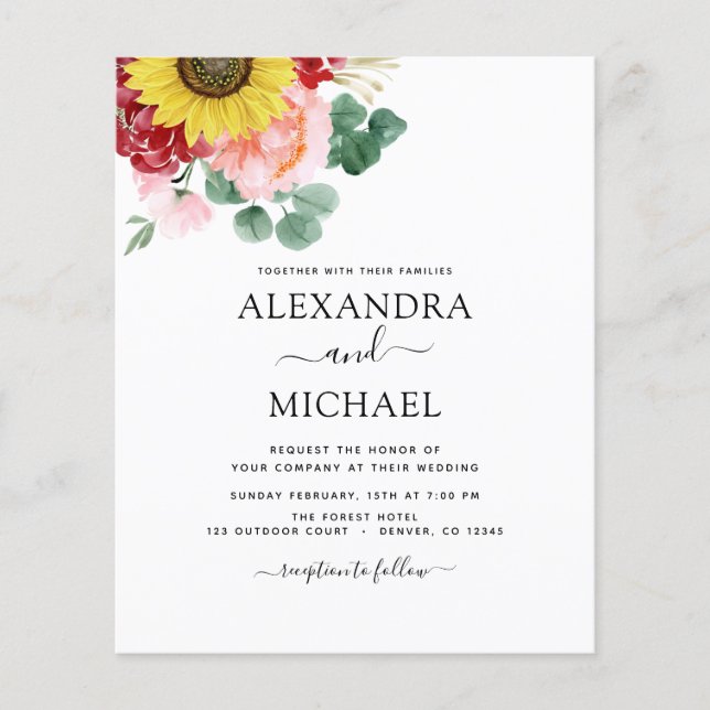 Budget solros eukalyptus landsbygd bröllop flygblad (Framsidan)