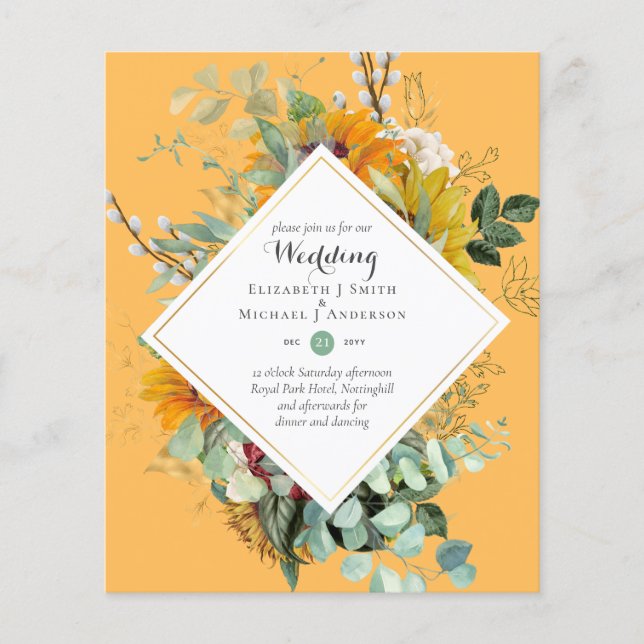 Budget Solros Grönska Bröllopsinbjudningar Flygblad (Framsidan)