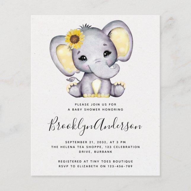 BUDGET Solros Inbjudan till Elephant Baby Shower (Framsida)