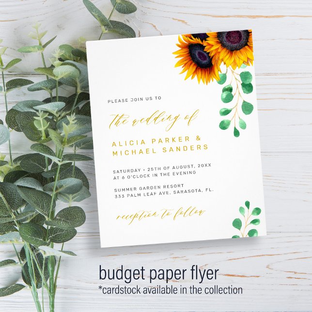 Budget solrosar eucalyptus bröllopsinbjudan flygblad (Skapare uppladdad)