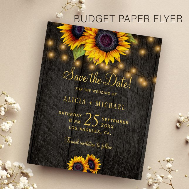 Budget solrosar gammel trädgård bröllop spara datu flygblad (Skapare uppladdad)