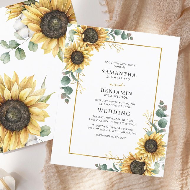 Budget Solrosokalyptus bröllopsinbjudan (Floral Modern Sunflower Eucalyptus Wedding Invitation)
