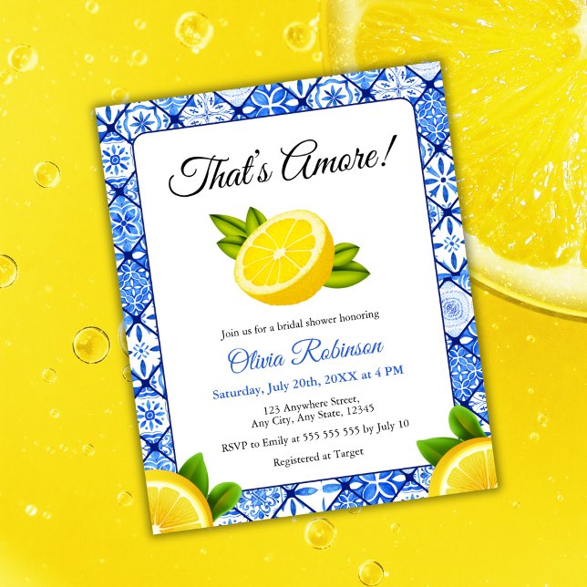 Budget som är Amore Lemon Inbjudningskort för möhi (Budget That's Amore | Mediterranean Blue Tile Lemon Bridal Shower Invitation )