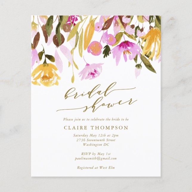 Budget Sommar Rosa Blommigt Watercolor Möhippa (Framsida)