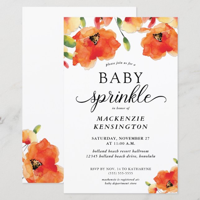 Budget Sommarvallmo Baby Sprinkle-inbjudan (Fram/baksida)