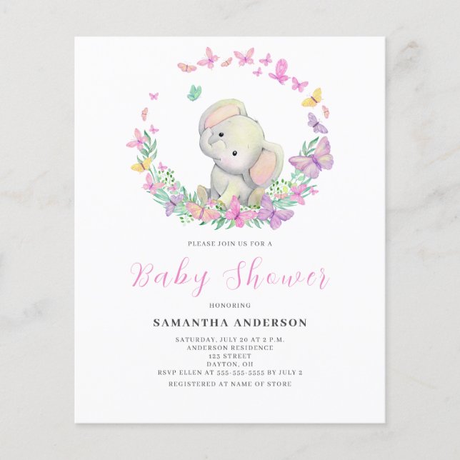 Budget Söt Elefantflicka Baby Shower Inbjudan  Flygblad (Framsidan)