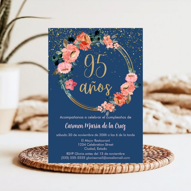 Budget Spanska Blå Elegant Blommig 95-årsdag Inbjudningar (Skapare uppladdad)