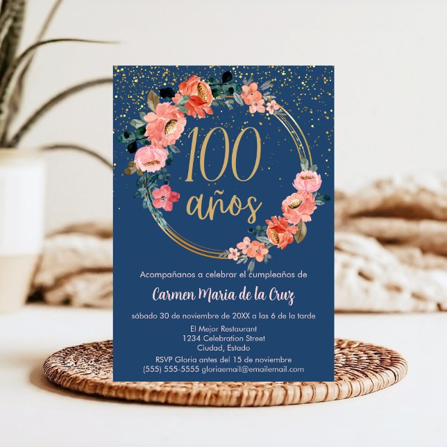 Budget Spanska Chic Elegant Blommig 100-årsdag Inbjudningar (Skapare uppladdad)