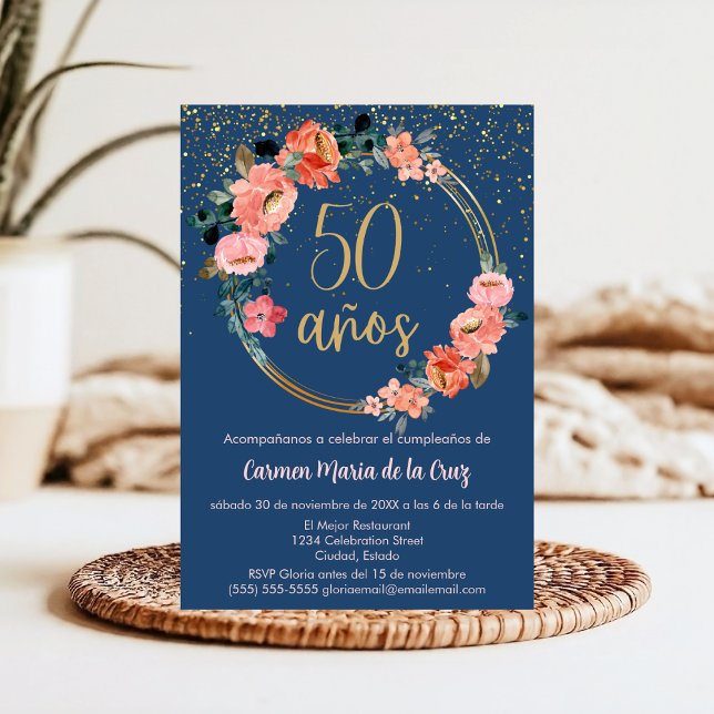 Budget Spanska Elegant Blommig 50-årsdag Inbjudningar (Skapare uppladdad)