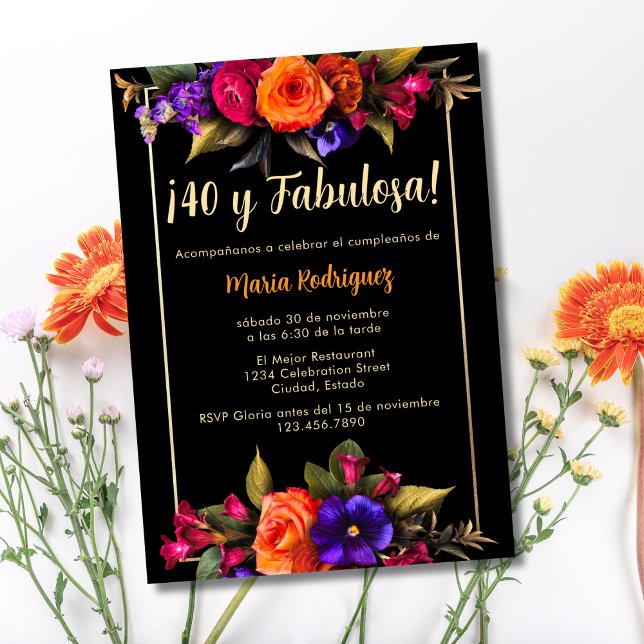 Budget Spanska Eleganta Blommor Svart 40-årsdag Inbjudningar (Skapare uppladdad)