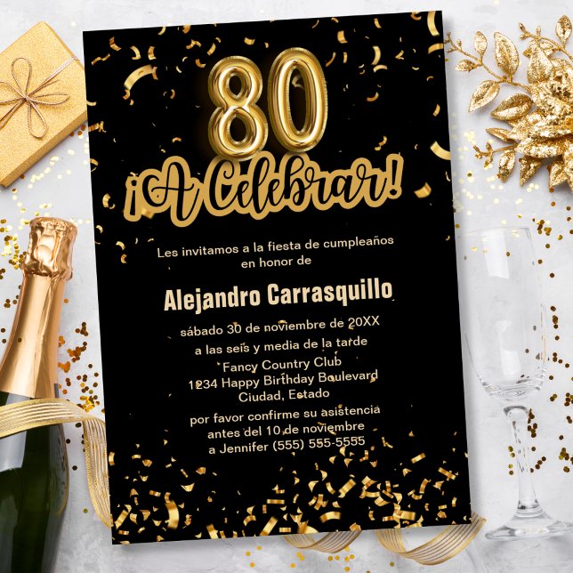 Budget Spanska Svart & Guld Konfetti 80-årsdag Inbjudningar (Skapare uppladdad)