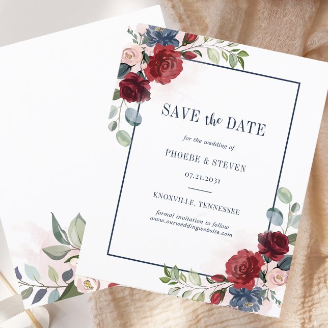 Budget Spara datum - Blommigten Blått i burgundy-f (Watercolor Floral Wedding Save the Date)
