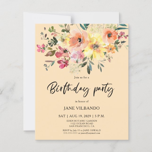 Budget Spring Floral Birthday Party Invitation (Framsida)