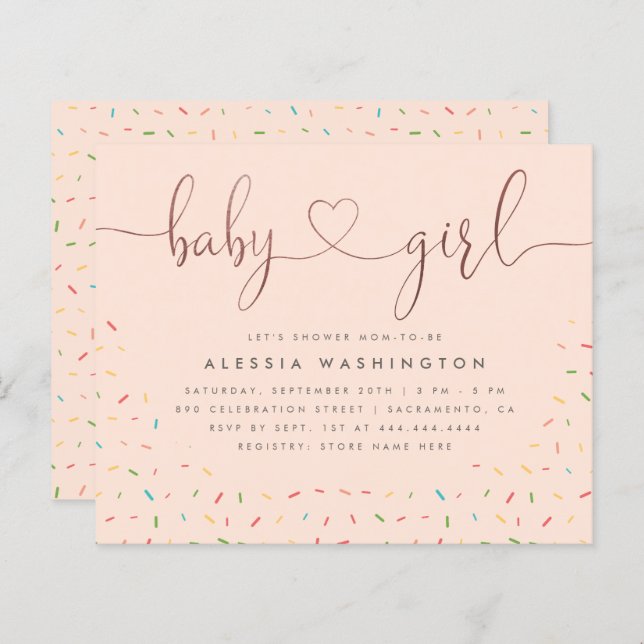 Budget Sprinkle Ro Guld Script Girl Baby Shower (Fram/baksida)