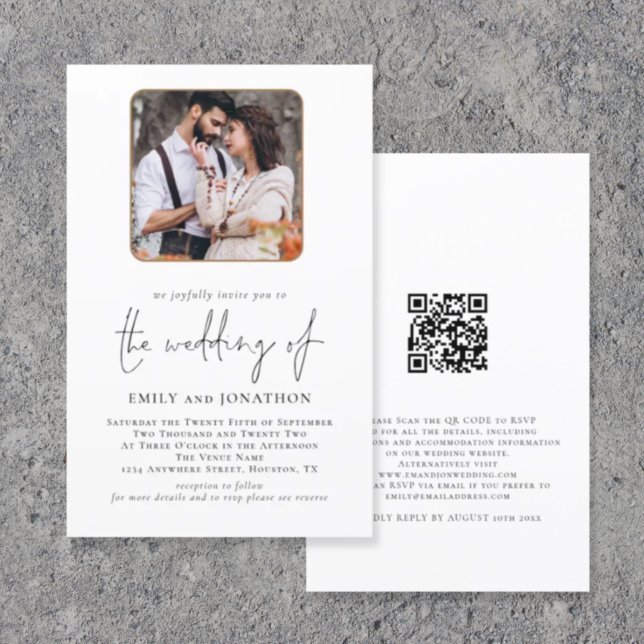 Budget Square Photo QR Code Wedding bjudande (Front  and back view)