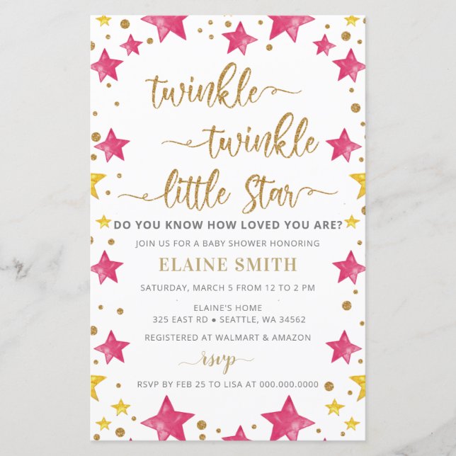 Budget Stars Rosa Girl Baby Shower-inbjudan (Framsida)