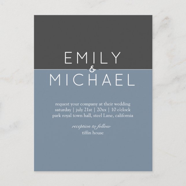 Budget Steel Blue Modern Bröllop-inbjudan Vykort (Framsida)