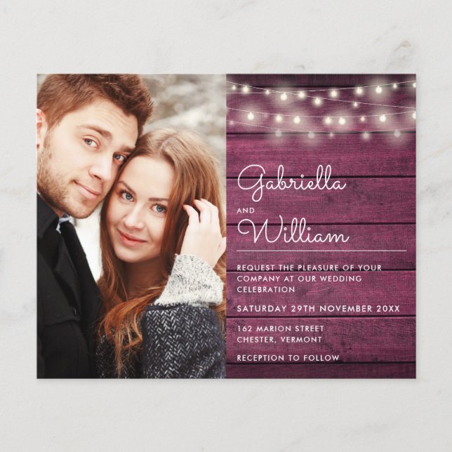 Budget Strängljus Burgundy Foto Bröllopsinbjudan (Framsida)