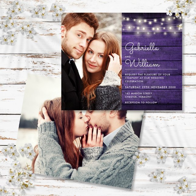 Budget Strängljus Lila Foto Bröllopsinbjudan (Budget String Lights Purple Photo Wedding Invite)