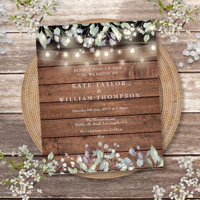 Budget Strängljus Lilafärgad Rustik Bröllopsinbjud (Budget String Lights Lilac Rustic Wedding Invite)