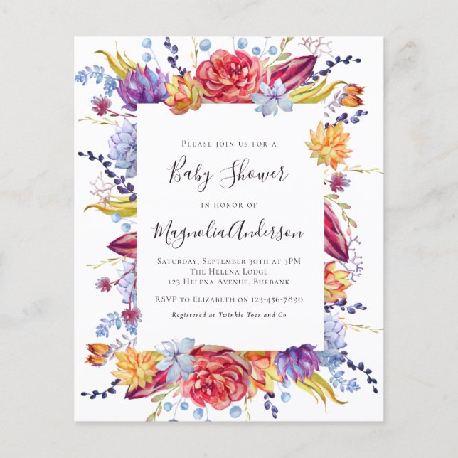 BUDGET Succulent Baby Shower-inbjudan (Framsida)