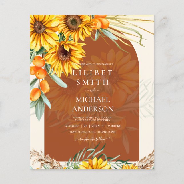 BUDGET Sunblommor Pampas Grass Terracotta Bröllop Flygblad (Framsidan)