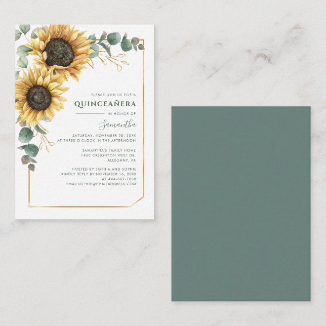 Budget Sunflower Quinceanera 15-års födelsedagsinb Anteckningskort (Fram/baksida)