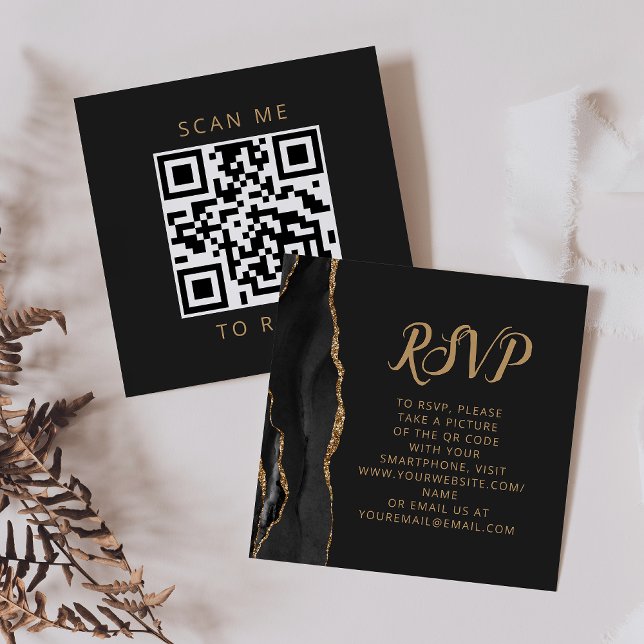Budget Svart Guld Agat Bröllops QR-kod RSVP Tilläggskort (Skapare uppladdad)