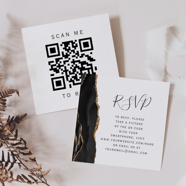 Budget Svart Guld Agat Bröllops QR-kod RSVP Tilläggskort (Skapare uppladdad)