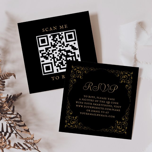 Budget Svart Guld Bröllop QR-kod RSVP Tilläggskort (Skapare uppladdad)