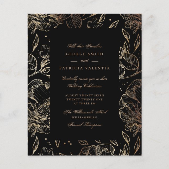 Budget Svart Guld Folie Blommor Handritad Elegant Flygblad (Framsidan)