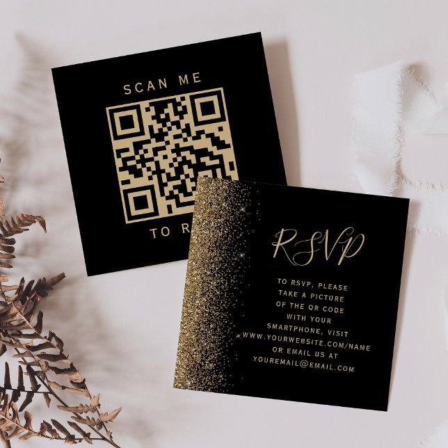 Budget Svart Guld Glitter Bröllops QR-kod RSVP Tilläggskort (Skapare uppladdad)