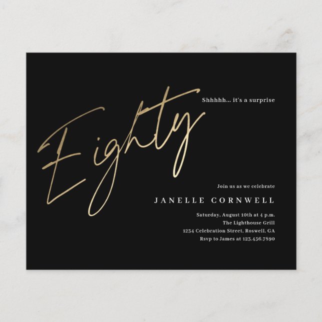 Budget Svart och Guld 80-års Födelsedagsinbjudan (Framsida)