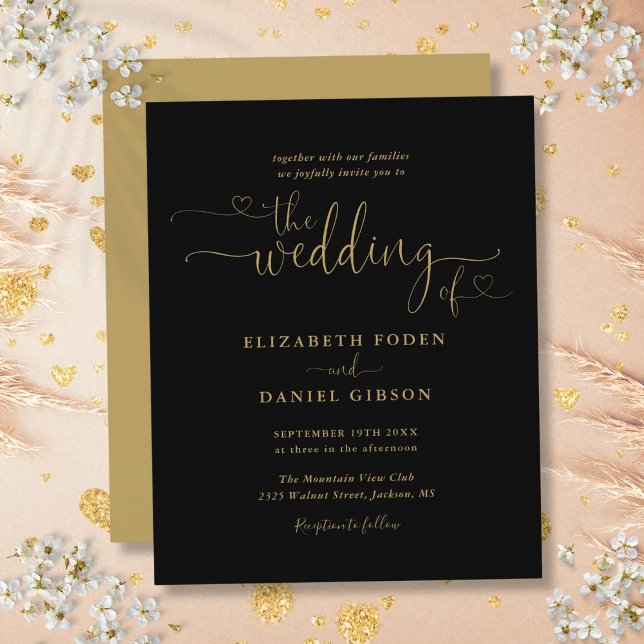 Budget Svart Och Guld Hjärtan Manus Bröllopsinbjud (Budget Black And Gold Hearts Script Wedding Invite)