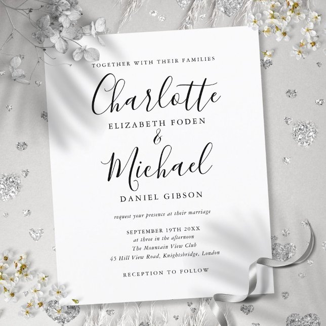 Budget Svart och Vitt Bröllopsinbjudan Skript (Budget Black and White Script Wedding Invitation)