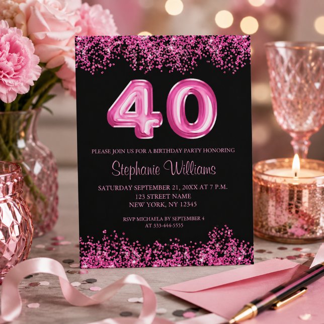 Budget Svart Rosa Glittrig 40-års Födelsedagsfest  Flygblad (Add details to customize your invitation.  Please see collection for matching items.)
