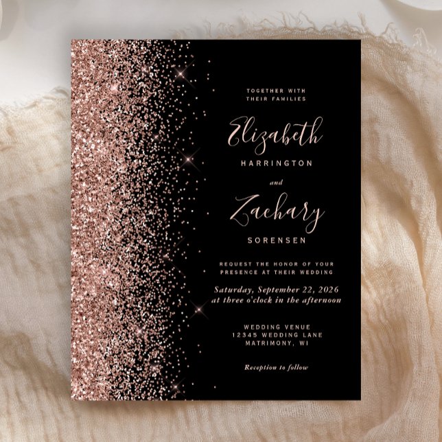 Budget Svart Rosa Guld Glitter Bröllopsinbjudan (Skapare uppladdad)