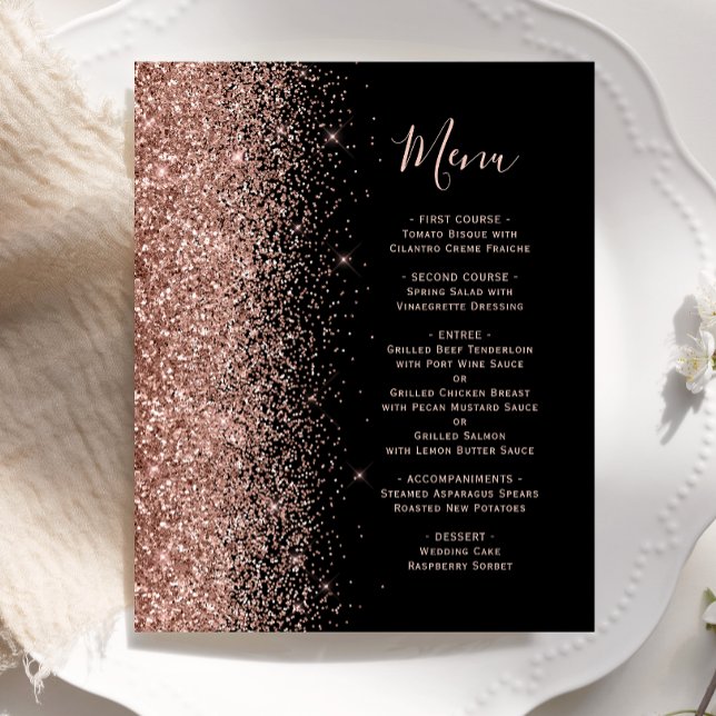 Budget Svart Rosa Guld Glitter Bröllopsmeny (Skapare uppladdad)