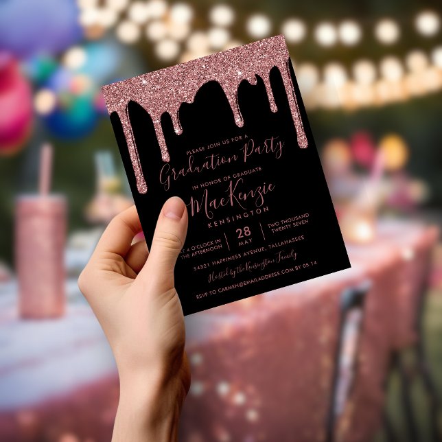 BUDGET Svart Rosé Guld Glitter Tårar Studentfest (BUDGET Black Rose Gold Glitter Drips Grad Party Invitation)