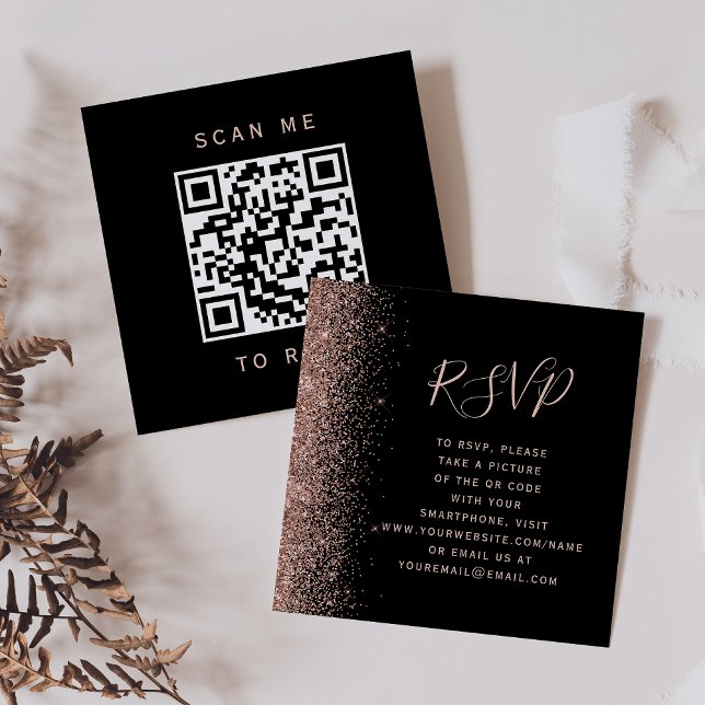 Budget Svart Roséguld Bröllop QR-kod RSVP Tilläggskort (Skapare uppladdad)