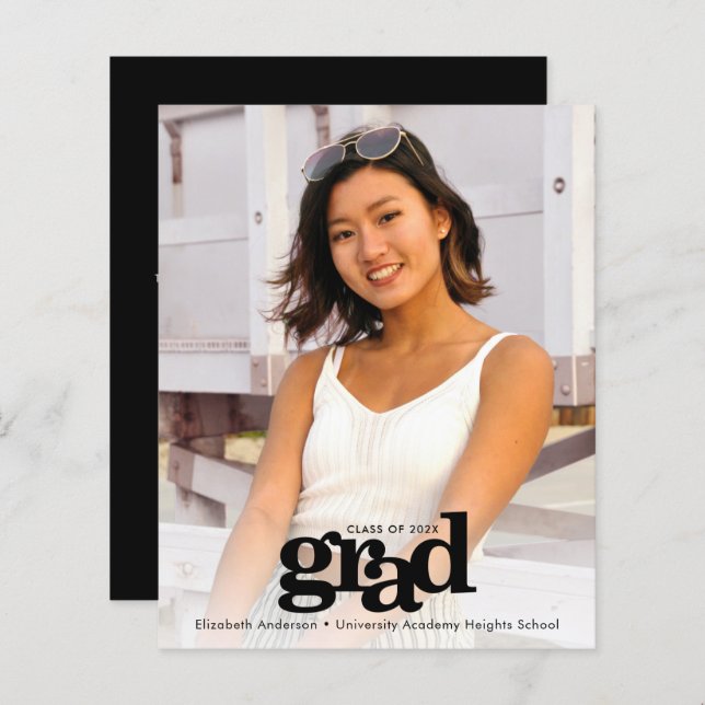 Budget svart vit examensfoto inbjudan (Fram/baksida)