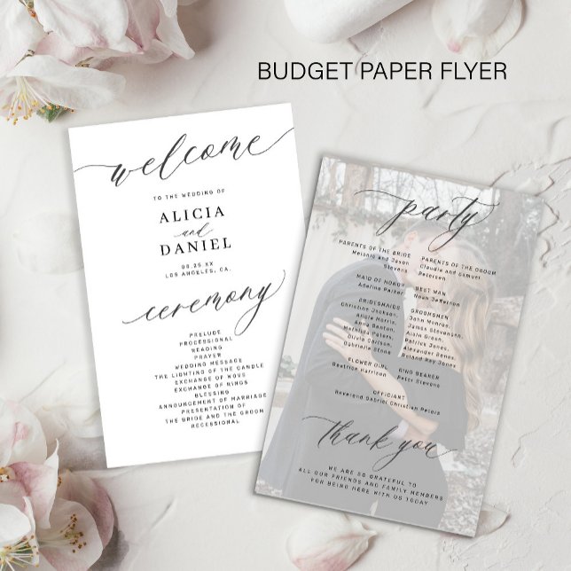 Budget svart-vit fotobryllopsprogram flygblad (Skapare uppladdad)