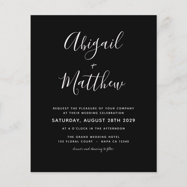 Budget Svart Vitt Minimalistiskt Bröllopsinbjudand Flygblad (Framsidan)