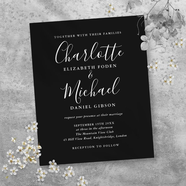 Budget Svart Vitt Skript Bröllopsinbjudan (Budget Black White Script Wedding Invitation)