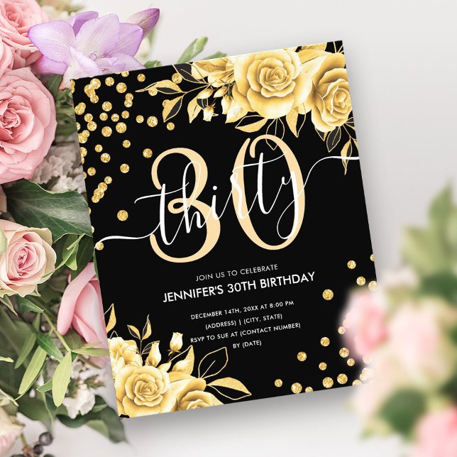 Budget Svarta Guld Blommigt Glitter 30års födelsed Flygblad (Budget Black Gold Floral Glitter 30th Birthday Flyer)