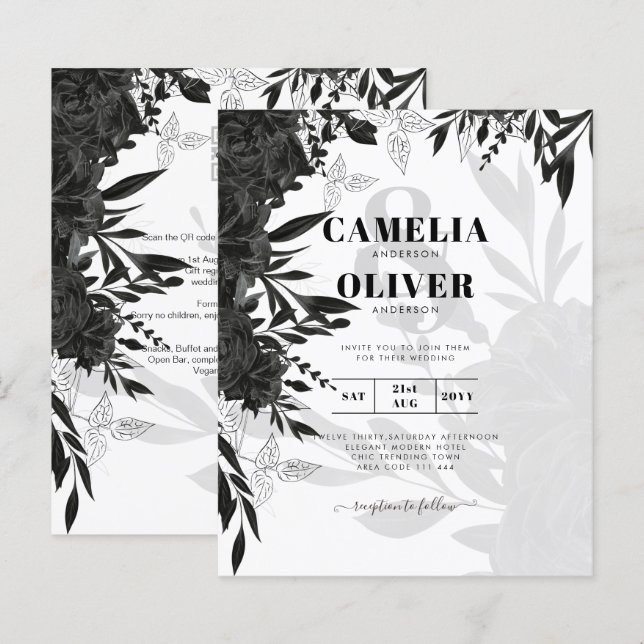 BUDGET Svarta Rosor Elegant Vit Bröllopsinbjudan (Fram/baksida)