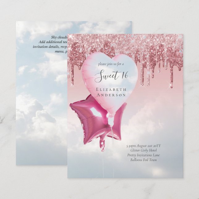 BUDGET Sweet16 Glitter Glamor Girly Balloons Invit (Fram/baksida)